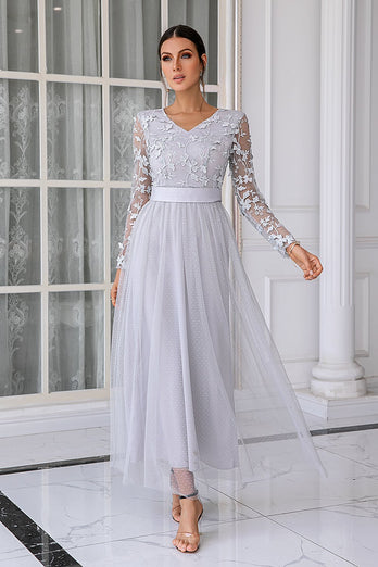 Tulle Grey V-Neck Mother Of The Bride Dress