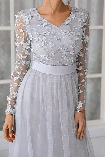 Tulle Grey V-Neck Mother Of The Bride Dress