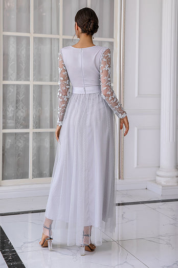 Tulle Grey V-Neck Mother Of The Bride Dress