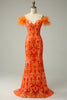 Load image into Gallery viewer, Sparkly Orange Sequins Off the Shoulder Mermaid Long Formal Dress with Feathers