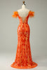 Load image into Gallery viewer, Sparkly Orange Sequins Off the Shoulder Mermaid Long Formal Dress with Feathers