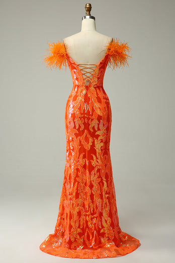 Sparkly Orange Sequins Off the Shoulder Mermaid Long Formal Dress with Feathers