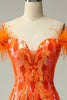 Load image into Gallery viewer, Sparkly Orange Sequins Off the Shoulder Mermaid Long Formal Dress with Feathers