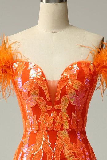 Sparkly Orange Sequins Off the Shoulder Mermaid Long Formal Dress with Feathers