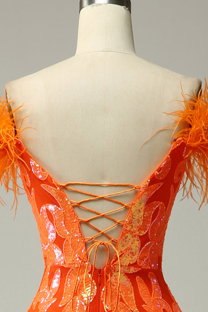 Load image into Gallery viewer, Sparkly Orange Sequins Off the Shoulder Mermaid Long Formal Dress with Feathers