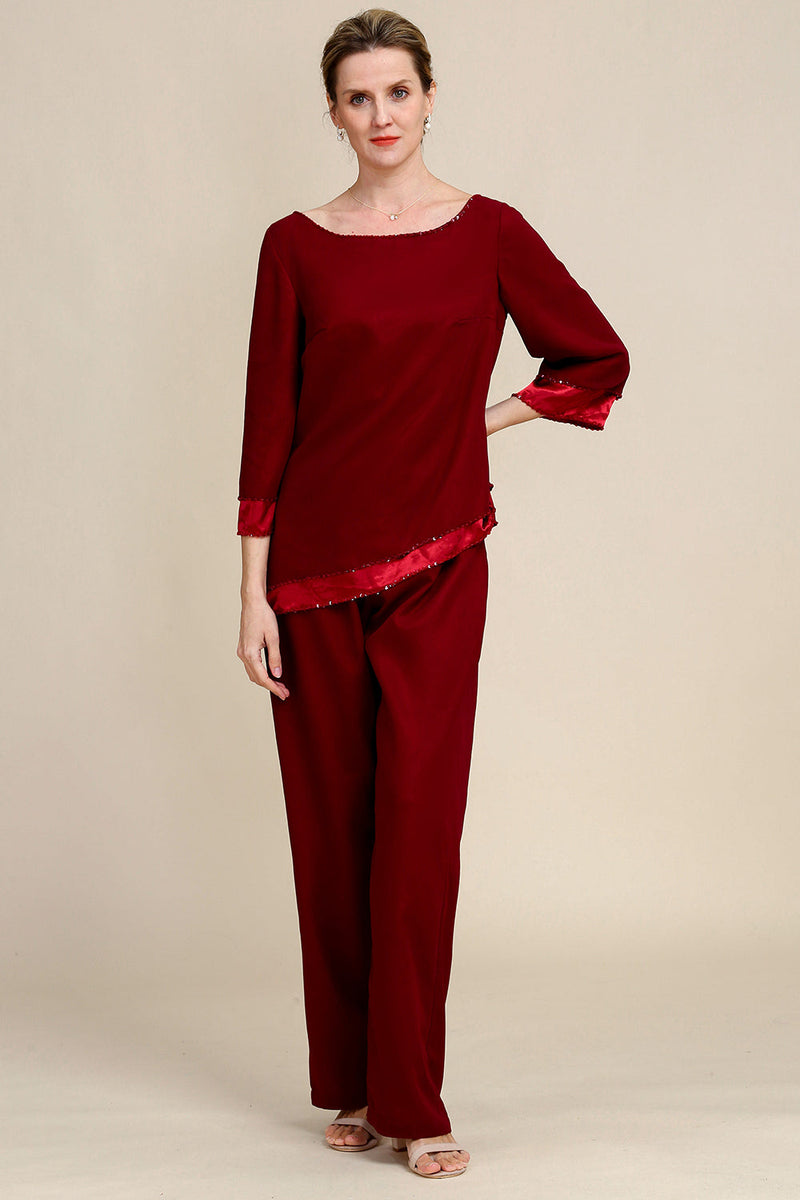 Load image into Gallery viewer, Burgundy Long Sleeves 2 Piece Mother of the Bride Pant Suits