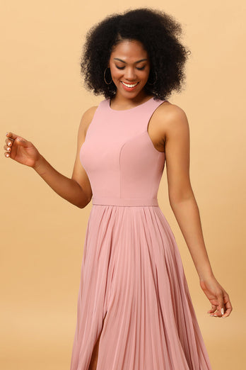 Blush Long Chiffon Pleated Bridesmaid Dress with Slit