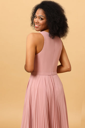 Blush Long Chiffon Pleated Bridesmaid Dress with Slit