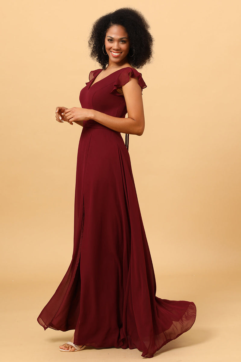 Load image into Gallery viewer, Chiffon Burgundy Bridesmaid Dress with Slit