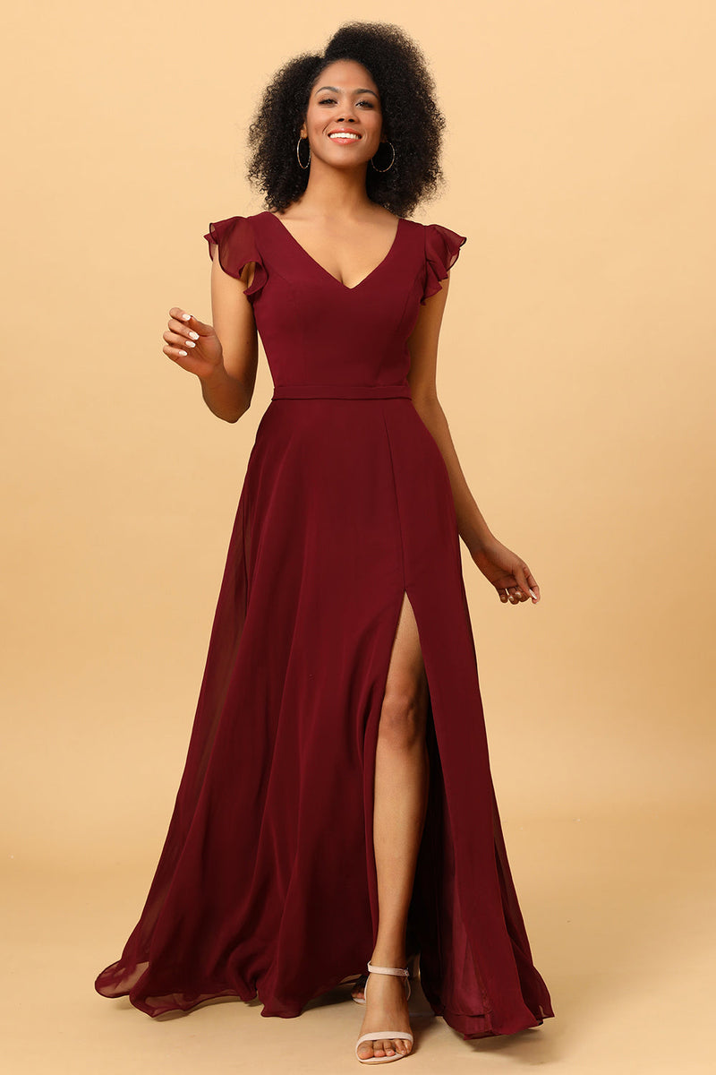 Load image into Gallery viewer, Chiffon Burgundy Bridesmaid Dress with Slit