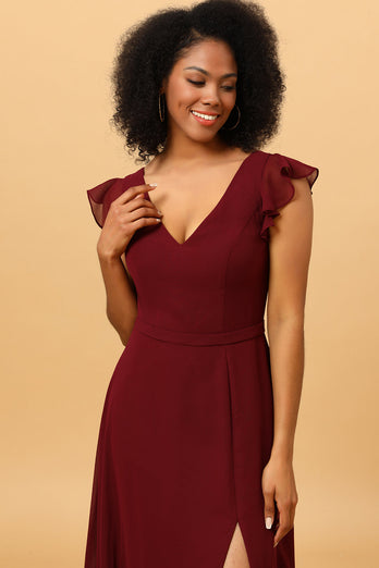 Chiffon Burgundy Bridesmaid Dress with Slit