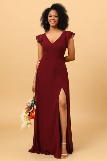 Chiffon Burgundy Bridesmaid Dress with Slit