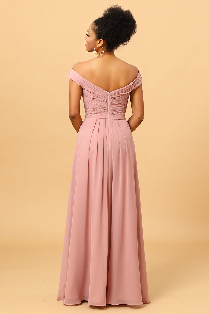 Load image into Gallery viewer, Ruffles Chiffon Pink Bridesmaid Dress with Slit