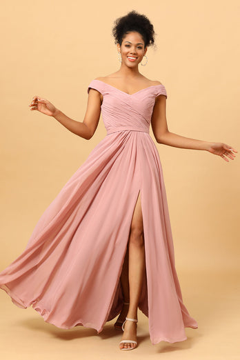 Ruffles Chiffon Pink Bridesmaid Dress with Slit