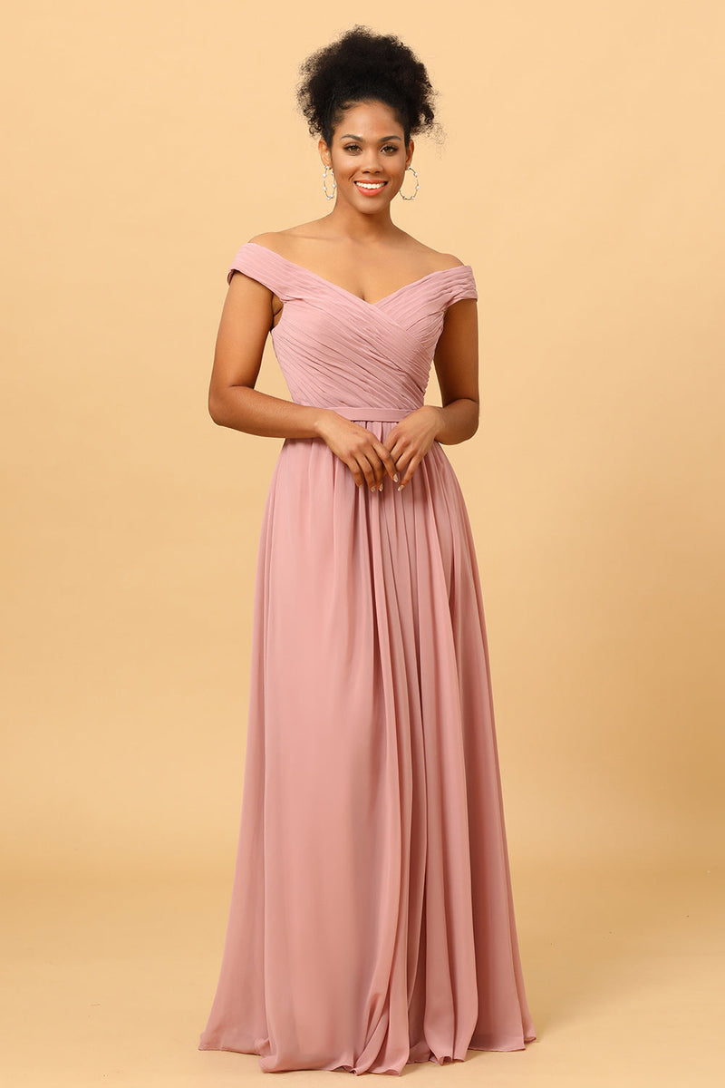 Load image into Gallery viewer, Ruffles Chiffon Pink Bridesmaid Dress with Slit