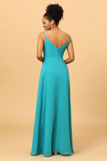 Jade Sheath Spaghetti Straps Long Chiffon Bridesmaid Dress