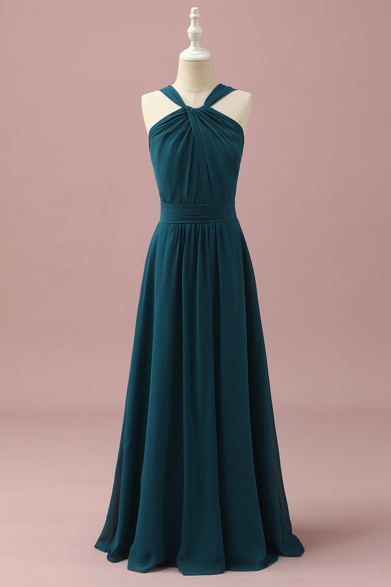 Load image into Gallery viewer, Dark Green Halter A-Line Junior Bridesmaid Dresses