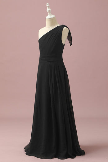 Black Chiffon One Shoulder A-Line Junior Bridesmaid Dress