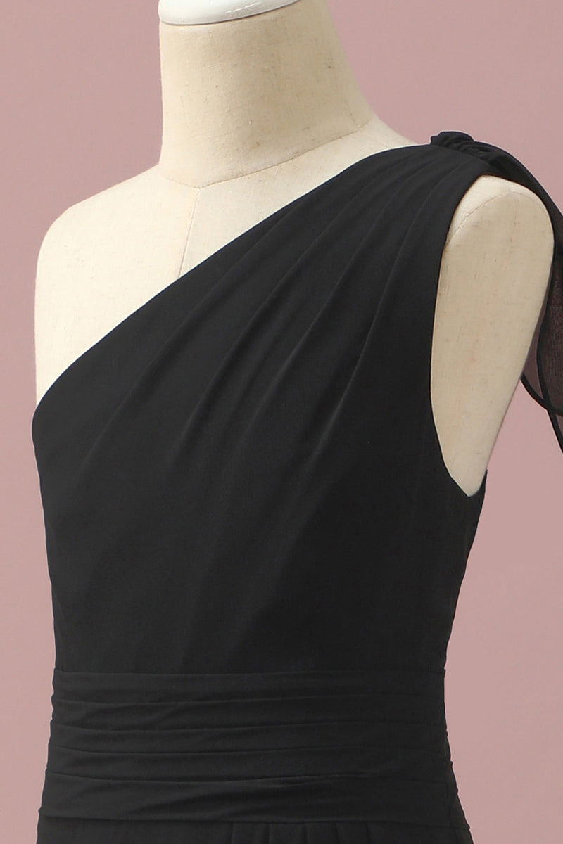 Load image into Gallery viewer, Black Chiffon One Shoulder A-Line Junior Bridesmaid Dress