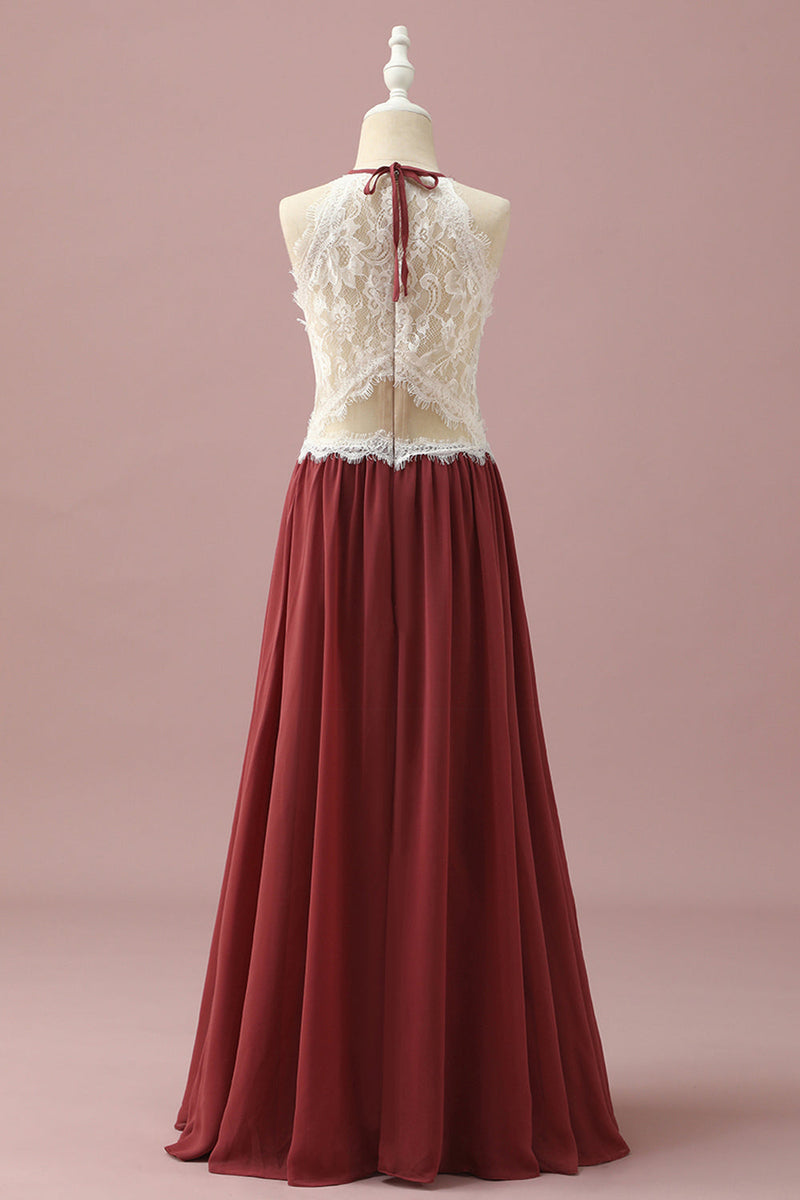 Load image into Gallery viewer, Burgundy Halter Lace and Chiffon Junior Bridesmaid Dress