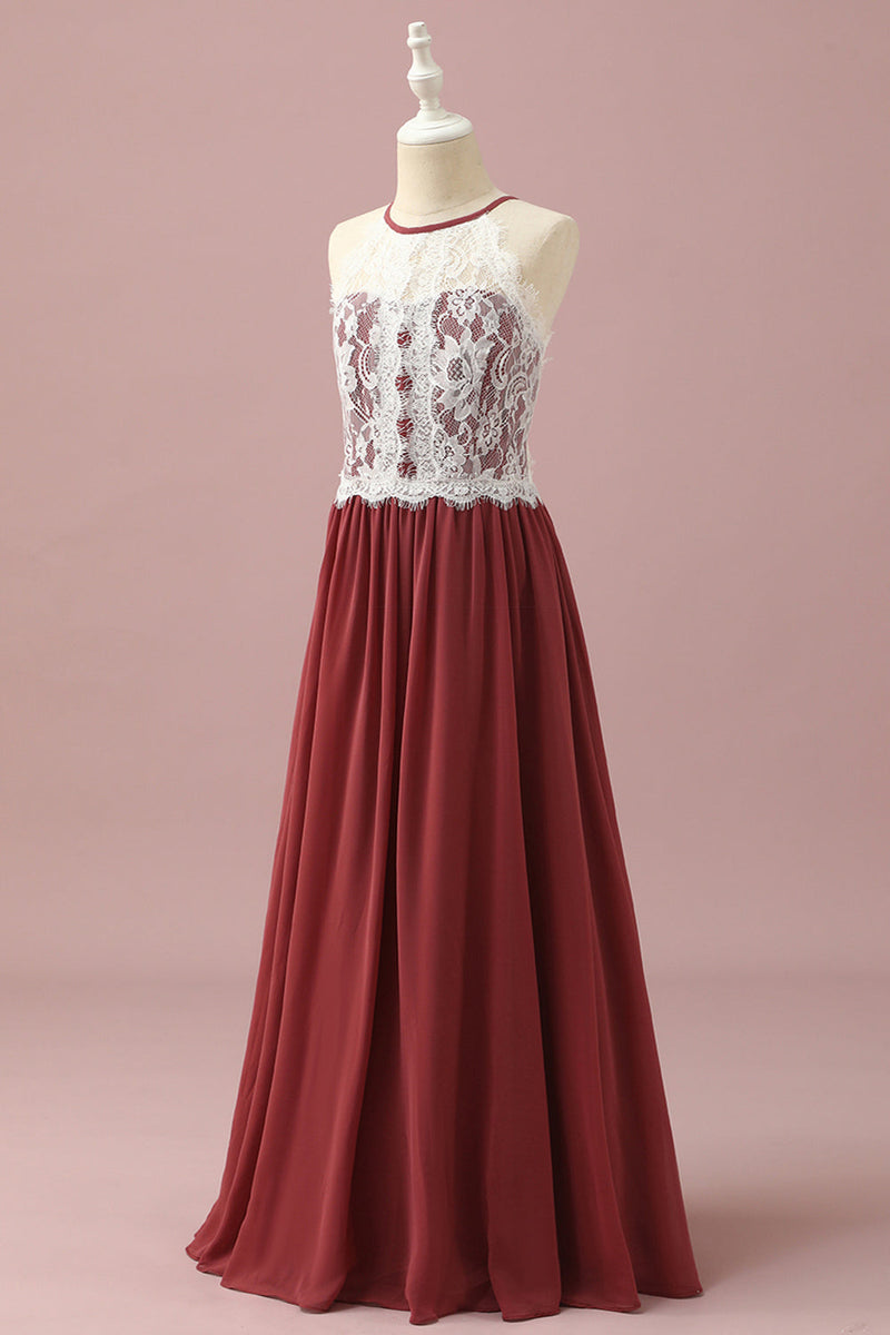 Load image into Gallery viewer, Burgundy Halter Lace and Chiffon Junior Bridesmaid Dress