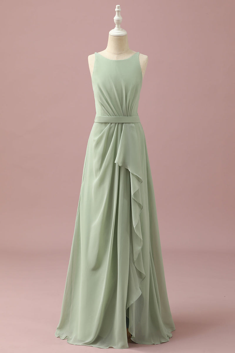 Load image into Gallery viewer, Sage Chiffon Round Neck Junior Bridesmaid Dress With Cascading Ruffles