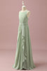 Load image into Gallery viewer, Sage Chiffon Round Neck Junior Bridesmaid Dress With Cascading Ruffles