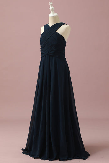 Navy Halter A-Line Sleeveless Junior Bridesmaid Dress