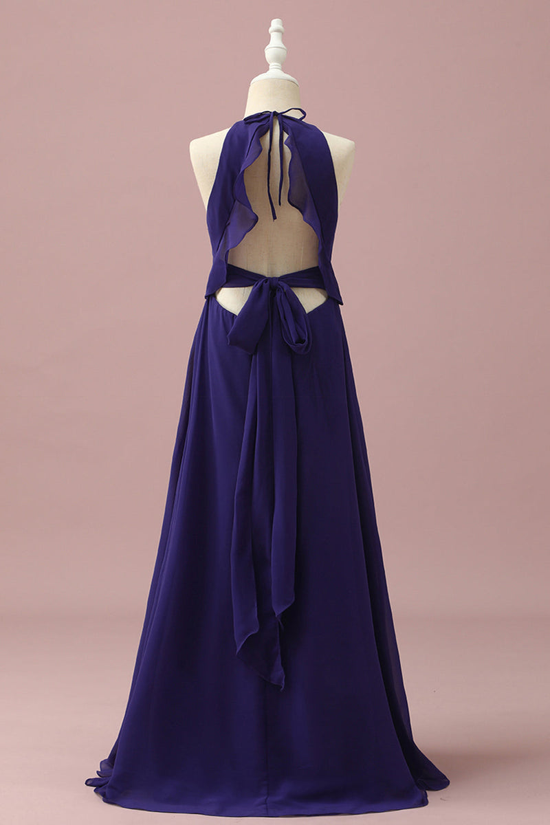 Load image into Gallery viewer, Purple Halter Chiffon Junior Bridesmaid Dress With Cascading Ruffles