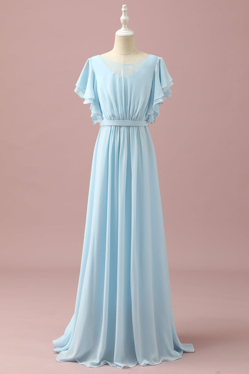 Load image into Gallery viewer, Light Blue Chiffon Batwing Sleeves A-Line Junior Bridesmaid Dress