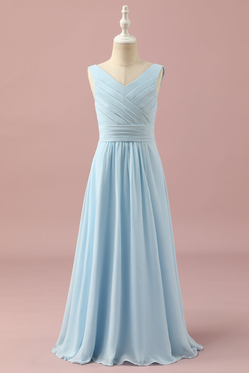 Load image into Gallery viewer, Light Blue V-Neck Chiffon Junior Bridesmaid Dress