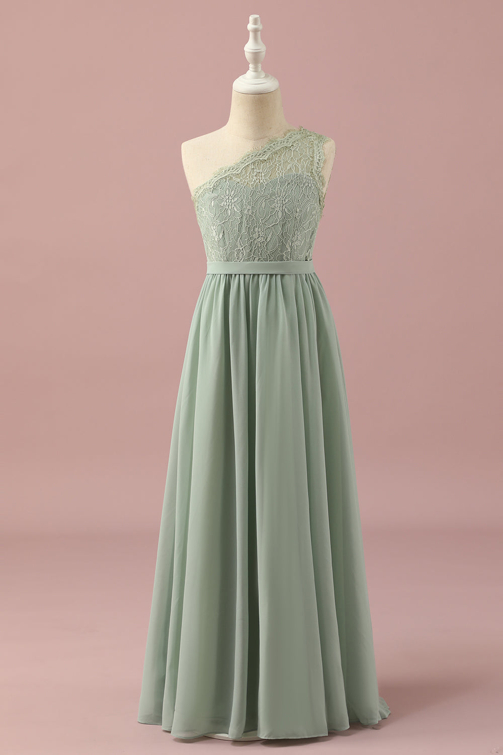 Green One Shoulder Lace and Chiffon Junior Bridesmaid Dress