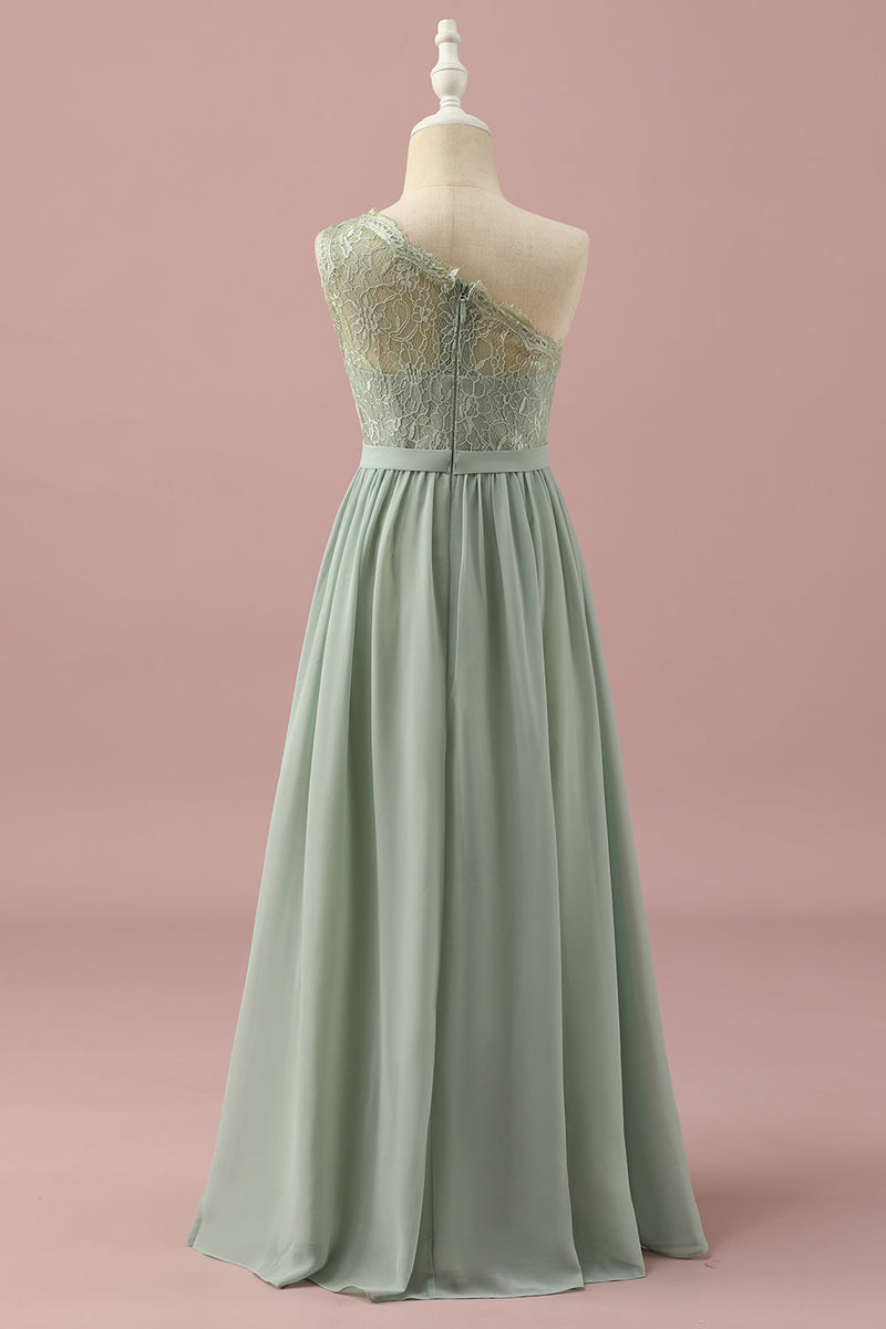 Load image into Gallery viewer, Green One Shoulder Lace and Chiffon Junior Bridesmaid Dress