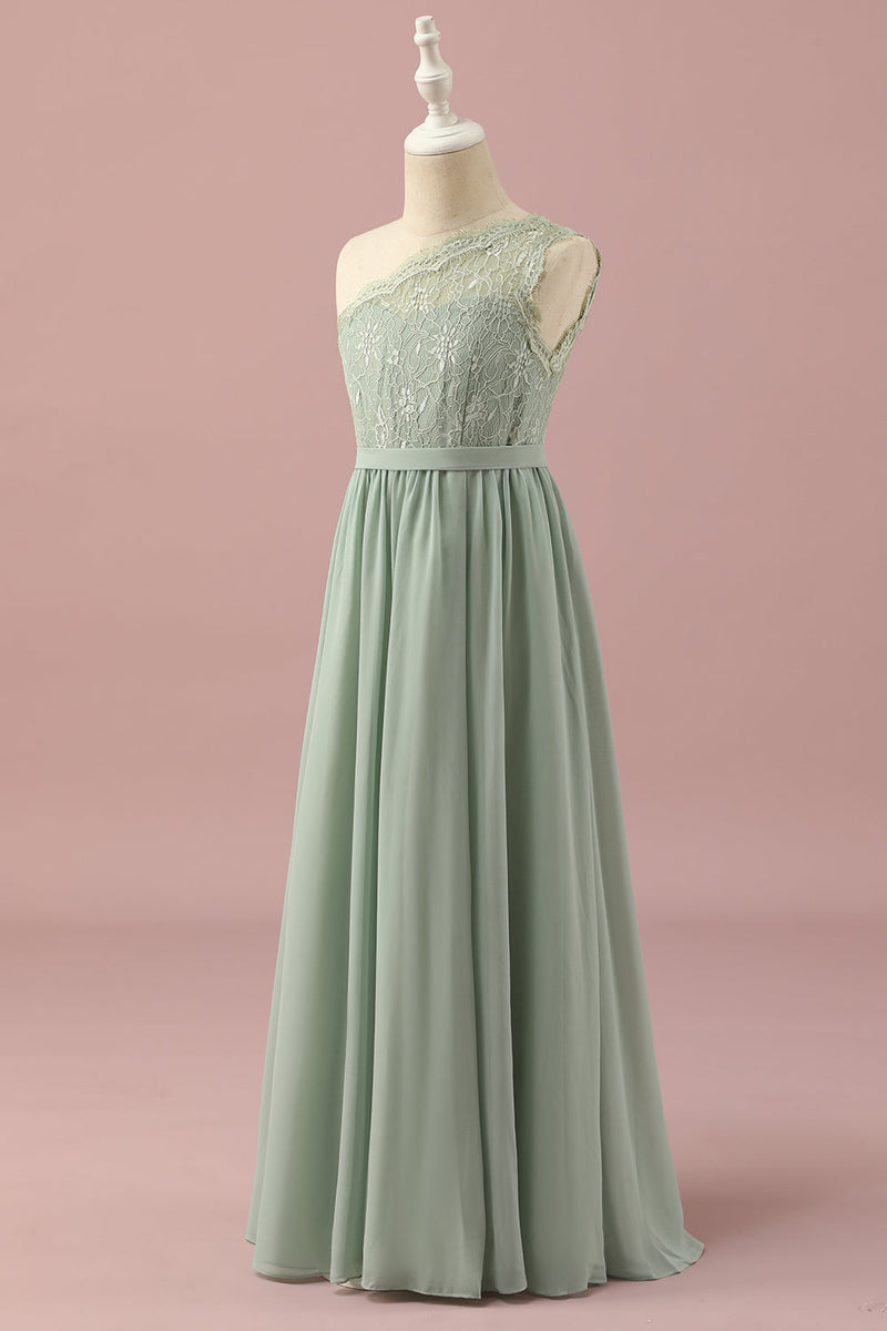 Load image into Gallery viewer, Green One Shoulder Lace and Chiffon Junior Bridesmaid Dress