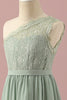 Load image into Gallery viewer, Green One Shoulder Lace and Chiffon Junior Bridesmaid Dress