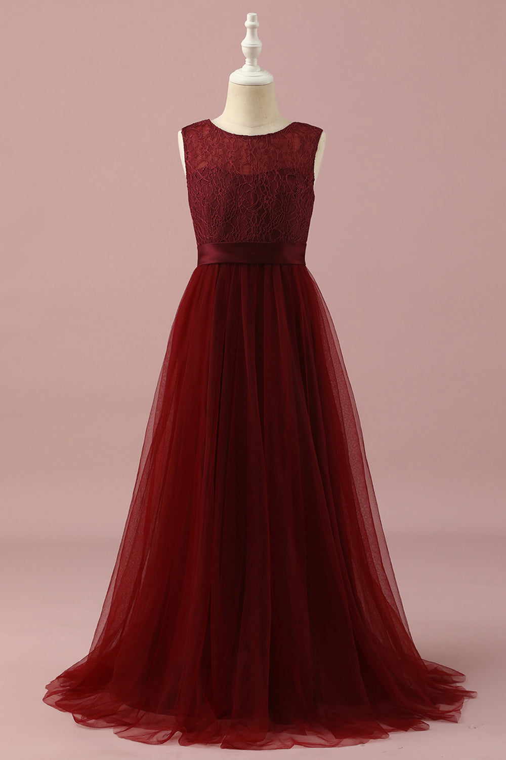 Burgundy Lace and Tulle Junior Bridesmaid Dress