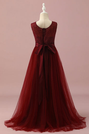 Burgundy Lace and Tulle Junior Bridesmaid Dress