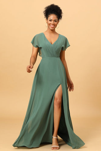 Eucalyptus A Line V-Neck Ruched Long Chiffon Bridesmaid Dress with Slit