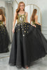 Load image into Gallery viewer, Black Golden Sequins A Line Long Corset Mirror Formal Dress