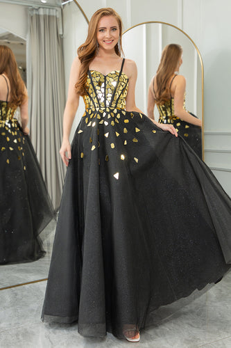 Black Golden Sequins A Line Long Corset Mirror Formal Dress