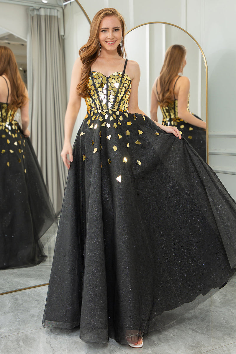 Load image into Gallery viewer, Black Golden Sequins A Line Long Corset Mirror Formal Dress