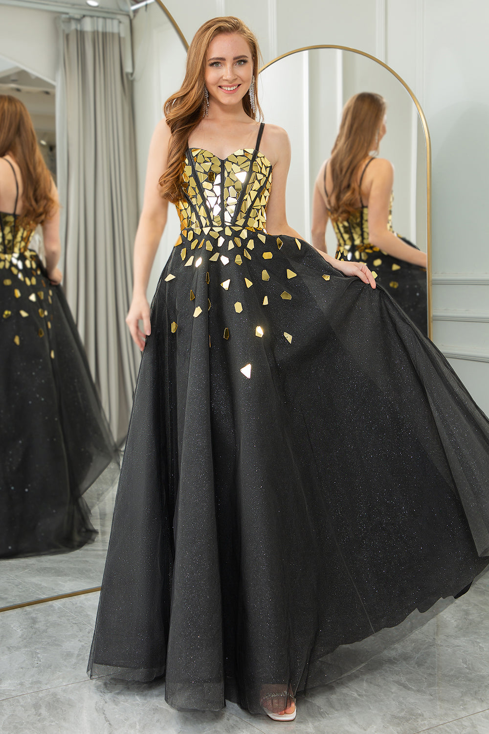 Black Golden Sequins A Line Long Corset Mirror Formal Dress