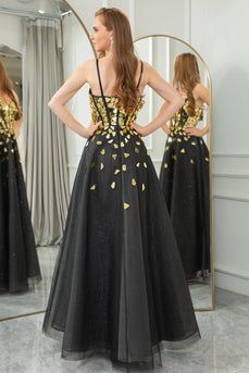 Black Golden Sequins A Line Long Corset Mirror Formal Dress