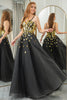 Load image into Gallery viewer, Black Golden Sequins A Line Long Corset Mirror Formal Dress