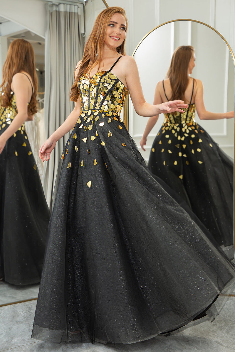 Load image into Gallery viewer, Black Golden Sequins A Line Long Corset Mirror Formal Dress