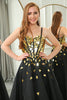 Load image into Gallery viewer, Black Golden Sequins A Line Long Corset Mirror Formal Dress