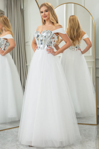 Pure White A Line Off the Shoulder Long Mirror Corset Formal Dress With Sequins