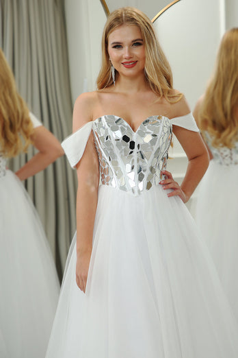 Pure White A Line Off the Shoulder Long Mirror Corset Formal Dress With Sequins