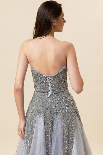 Sparkly Grey Beaded Long Tulle Prom Dress