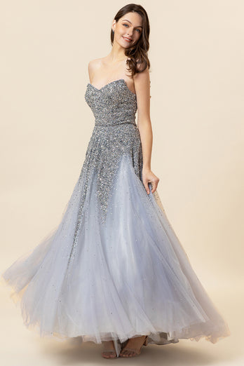 Sparkly Grey Beaded Long Tulle Prom Dress